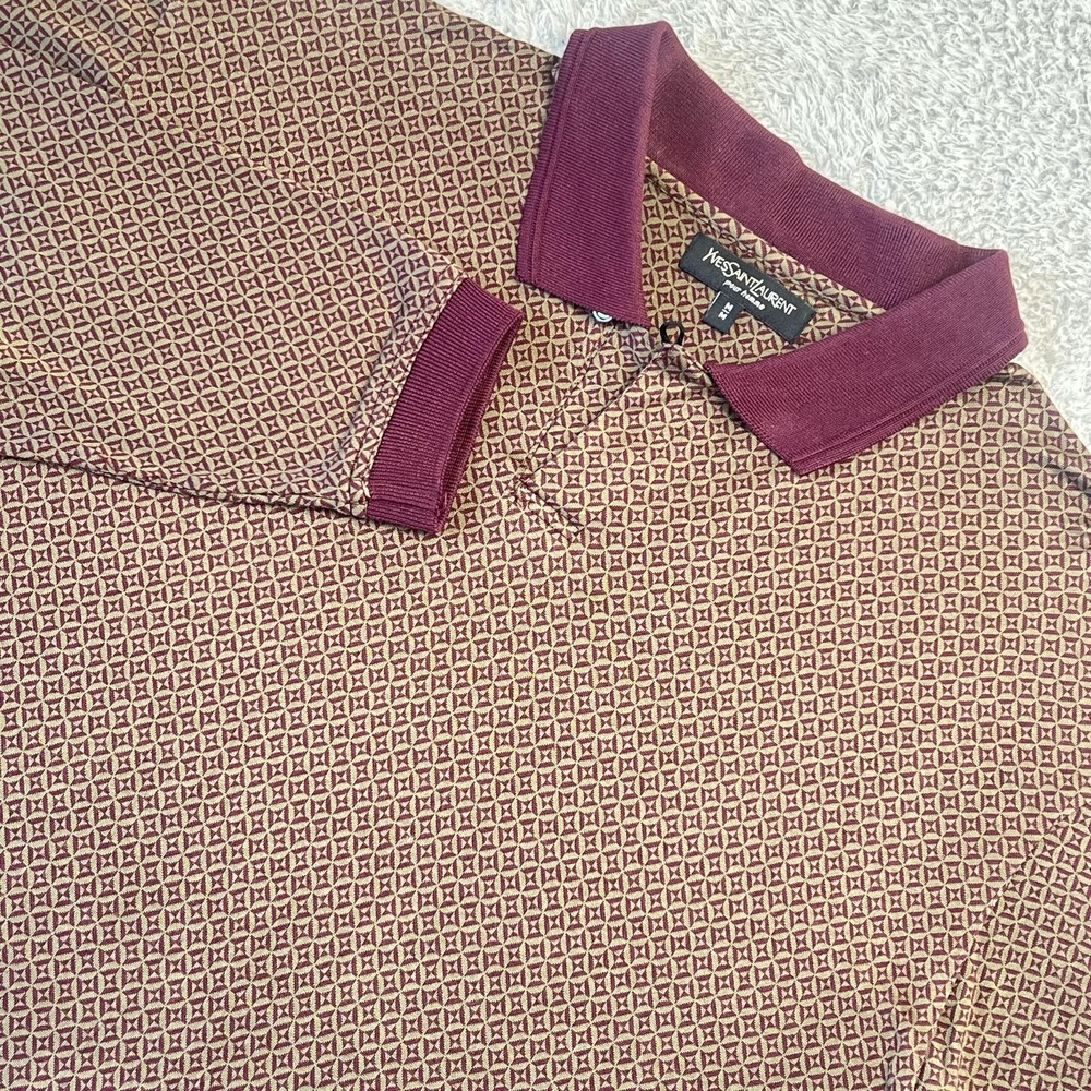 Yves Saint Laurent Polo Shirt Mens M Burgandy Geometric Old Money Quiet Luxury
